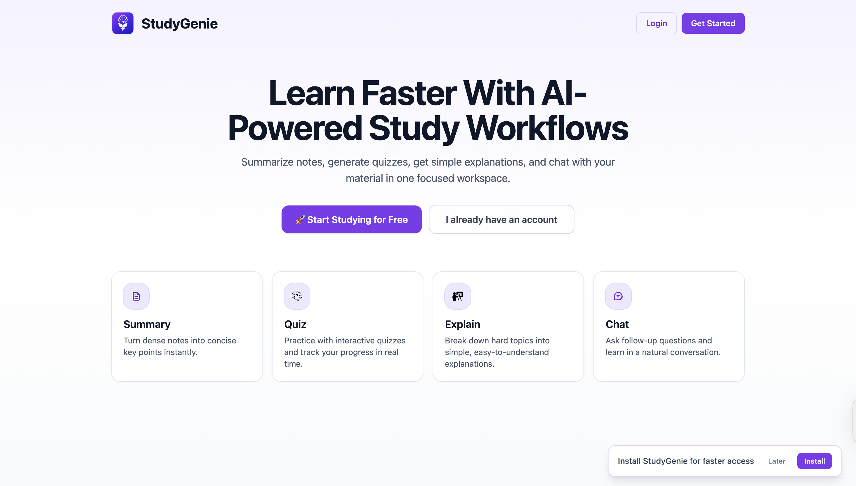 StudyGenie — AI-Powered Study Assistant (Web App) landing page preview
